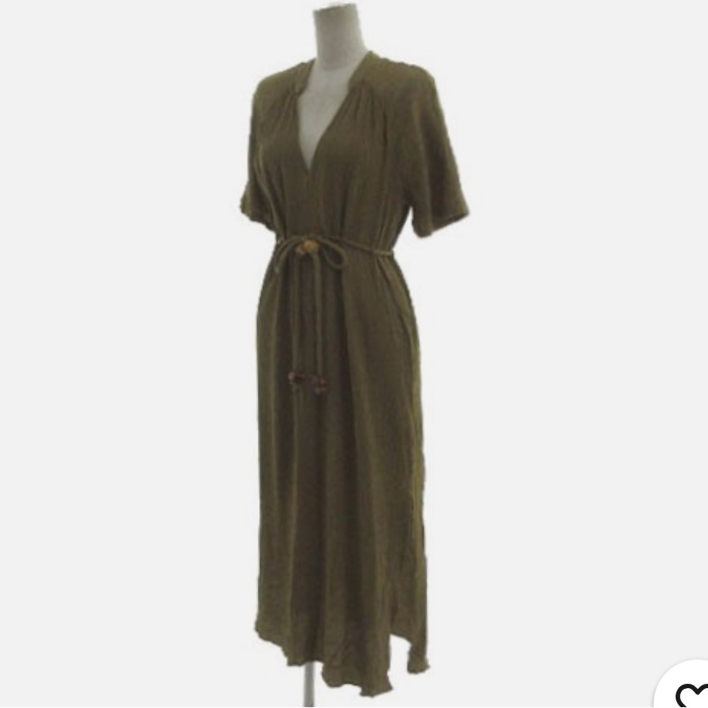 ZARA Olive Maxi Dress with Beaded Waist Tie